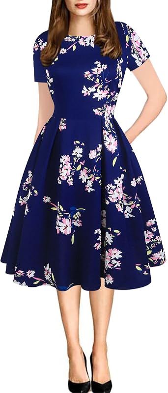 oxiuly Womens Vintage Patchwork Pockets Puffy Swing Casual Party Dress OX165