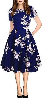 Women's Vintage Patchwork Pockets Puffy Swing Casual Party Dress OX165