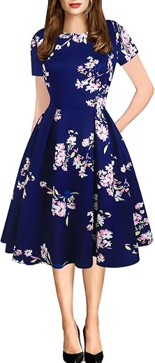 oxiuly Women's Vintage Patchwork Pockets Puffy Swing Casual Party Dress OX165