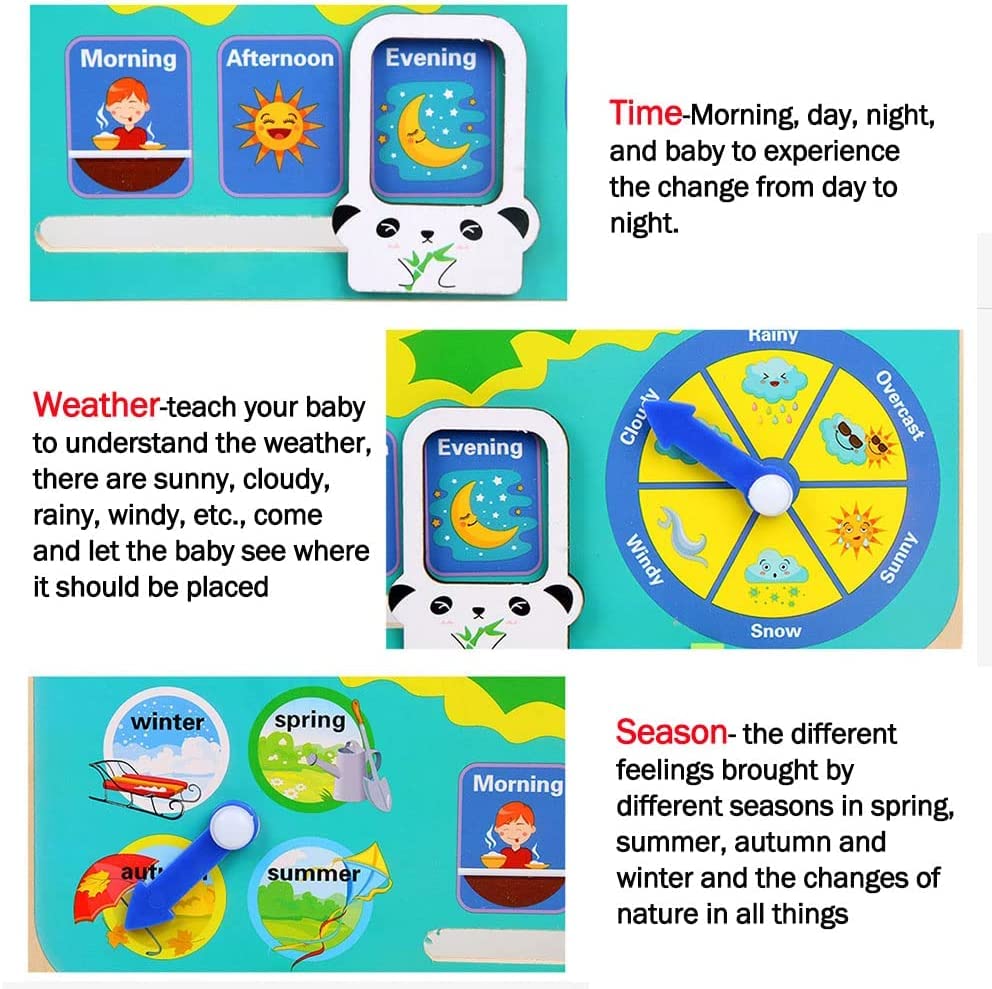 Image of PLUSPOINT Calendar Clock Wooden Learning Toys Kids, Multifunctional Wooden Frog Teaching Clock Calendar,Weather,Season,Time,Week Telling Preschool and Fun 3-14 Years Old