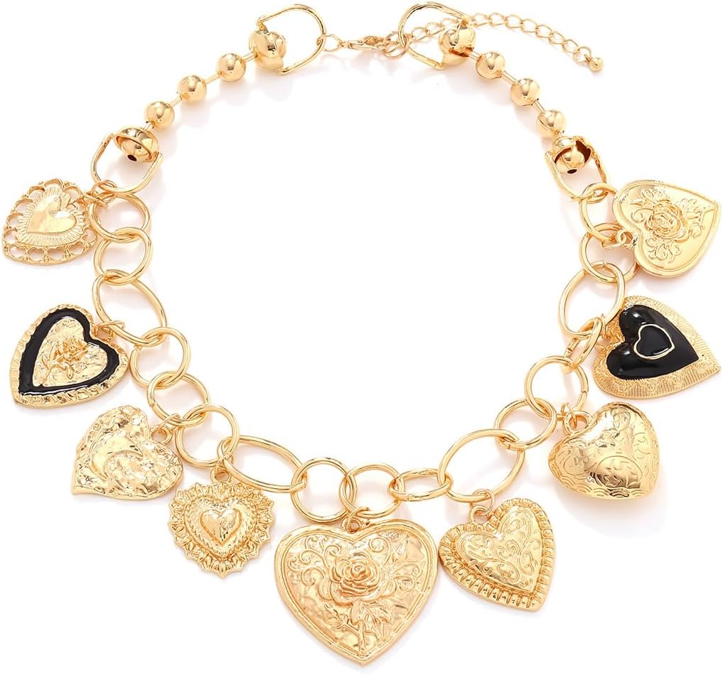 LUREME Vintage Chunky Gold/Silver Alloy Chain Necklace – Adjustable Women’s Necklace with Heart Charms (nl006363)