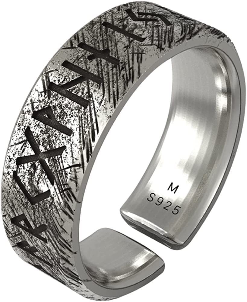 Chinese Lucky Feng Shui Auspicious Ring ， Feng Shui Mantra-Ring, Vintage Schwarzer Sterling Silber Elder Futhark Runen Ring Nordischer Wikingerschmuck for Männer Frauen Verstellbare Größe S/M/L(M)