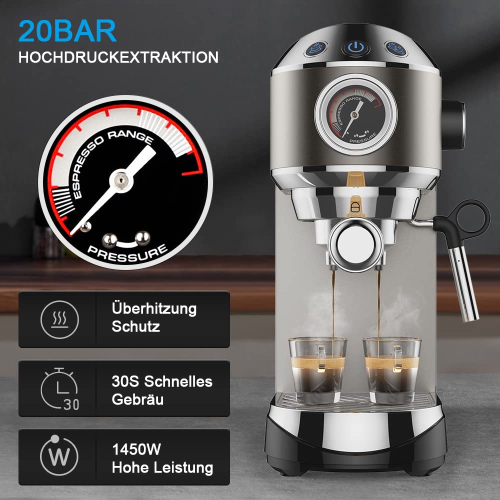 Biolomix Espressomaschine Siebträgermaschine 20 Bar,Filterhalter mit Doppelauslauf,Milchaufschäumdüse,abnehmbarer Wassertank, für 1-2 Tassen,Espresso,Cappuccino und Latte Machiato (CM7008-EU)
