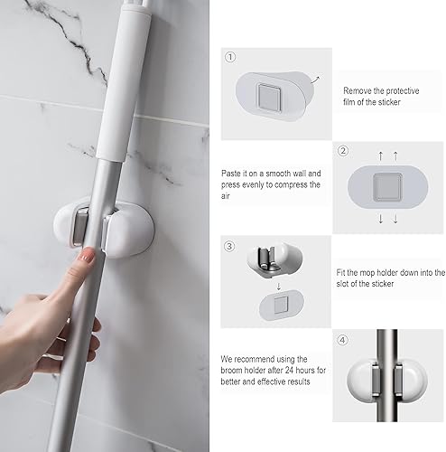 Miniatura 6 de BEZOX Soporte para escoba, 3 piezas de soporte de pared para fregona, autoadhesivo, suministros de limpieza, soportes para colgar para baño, cocina,