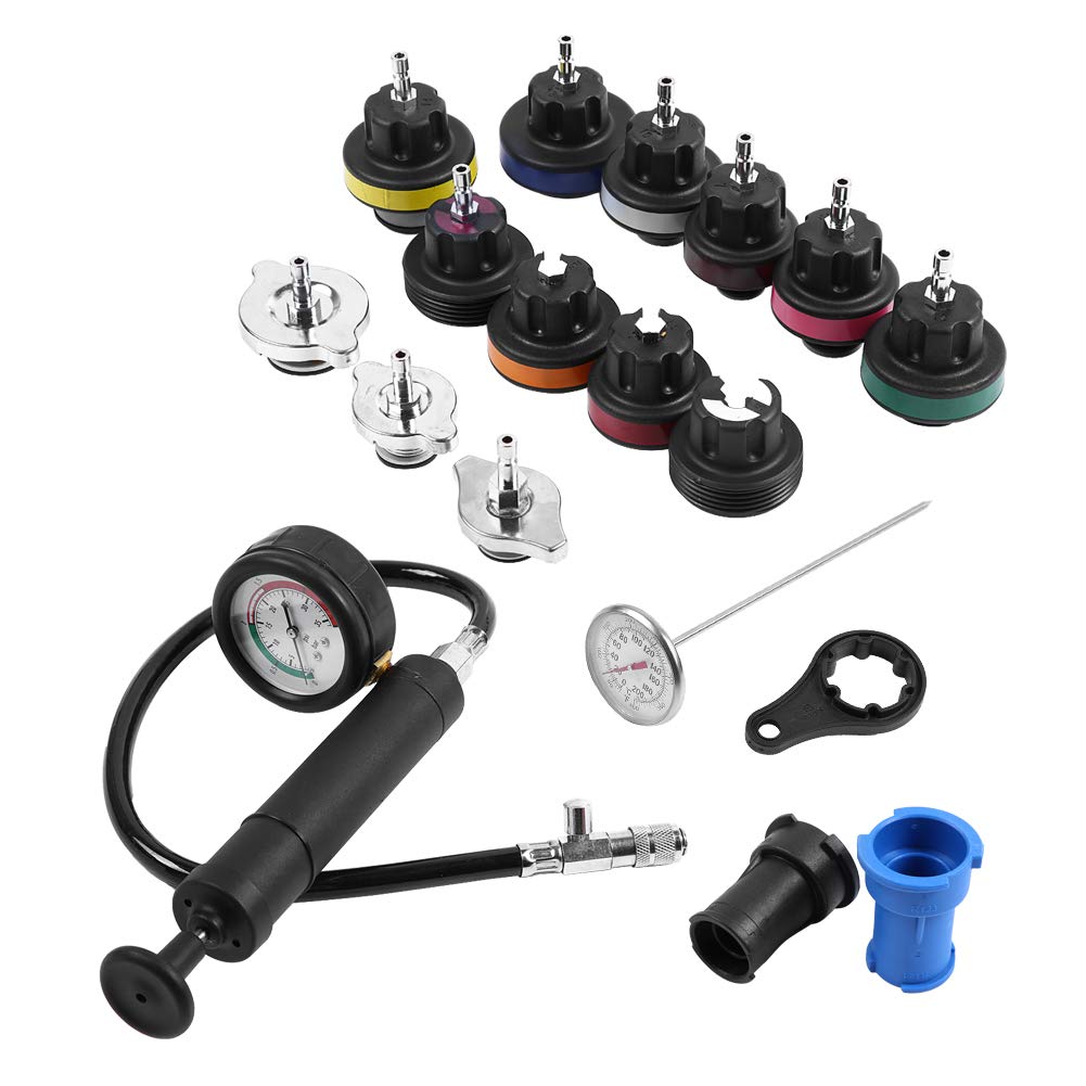 Qiilu Universal Equipo de de Enfriamiento del Detector de Presión del Radiador 18pcs con manómetro + termómetro + Adaptador de radiador