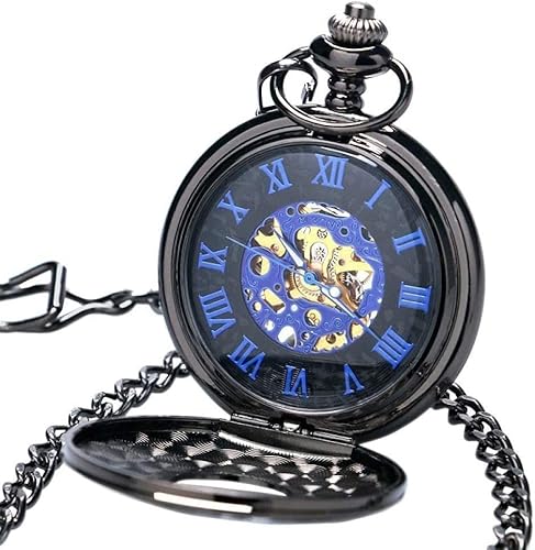 Reloj de bolsillo vintage Suuim para hombre con cadena, reloj de bolsillo de cuarzo, reloj de bolsillo de moda con caja hueca negra, esfera con números romanos azules, reloj de bolsillo mecánico