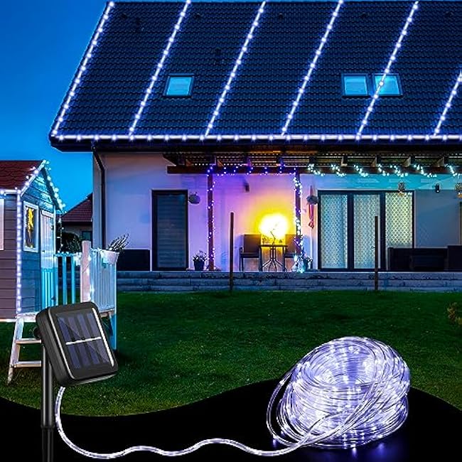 VIHOSE 2 Pcs Each 100ft 300 LED Solar Rope Lights Outdoor Waterproof Camping, 8 Modes String Light Clear PVC Tube Lighting for Party Garden Yard Wedding Christmas Halloween Tree Decor (White)