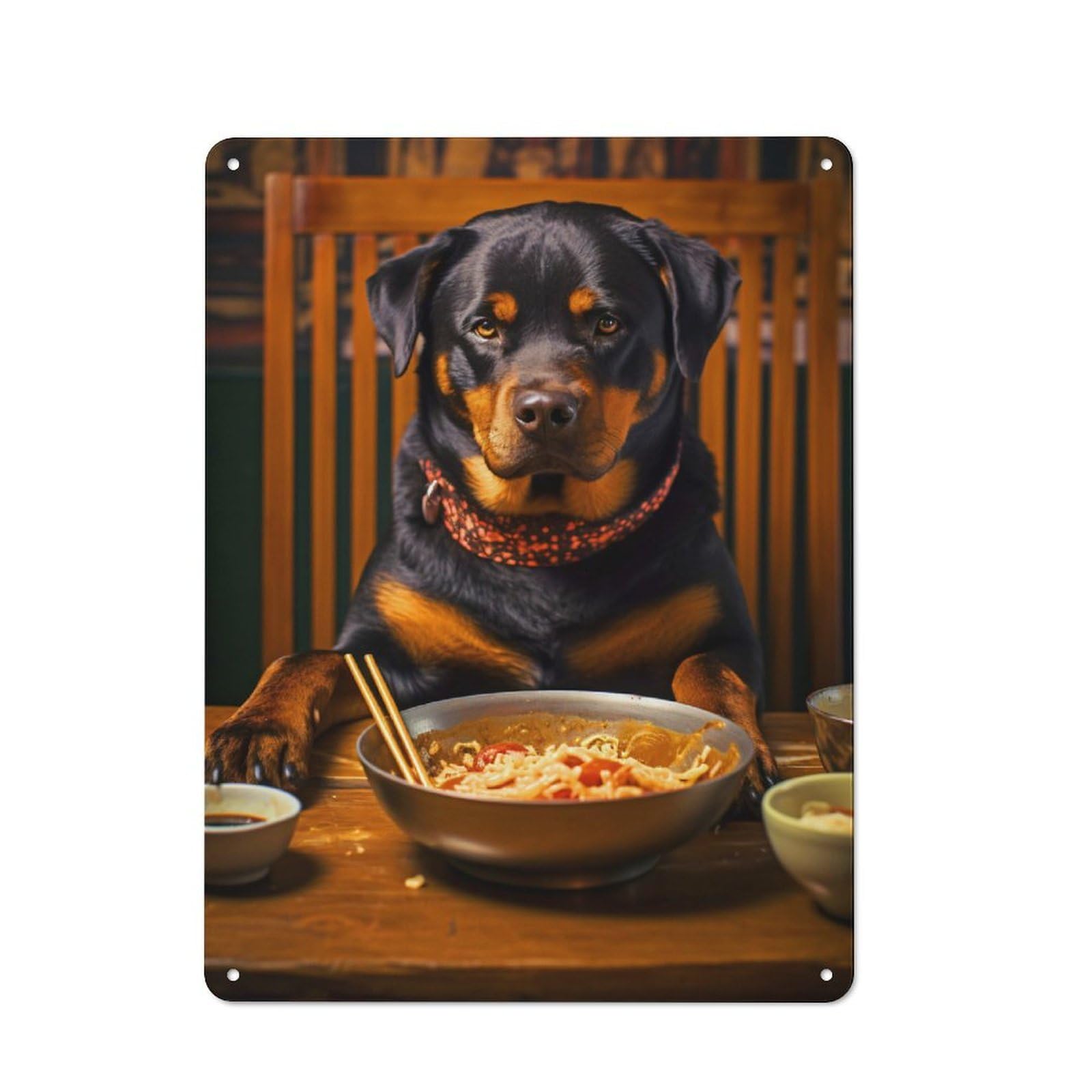Metal Plaque 40x30cm with Rottweiler Eating Noodles for Hallway Wall, Rustic Decor, A Metal Wall Feature for Hallways And Entrance Areas