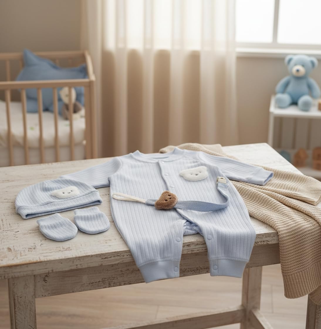 THE Cozy Essentials 12-Piece Baby Set, Blue and Cream, Bear Theme, with Diaper Caddy, Newborn Essentials for Baby Girl/Unisex or Baby Shower Gifts