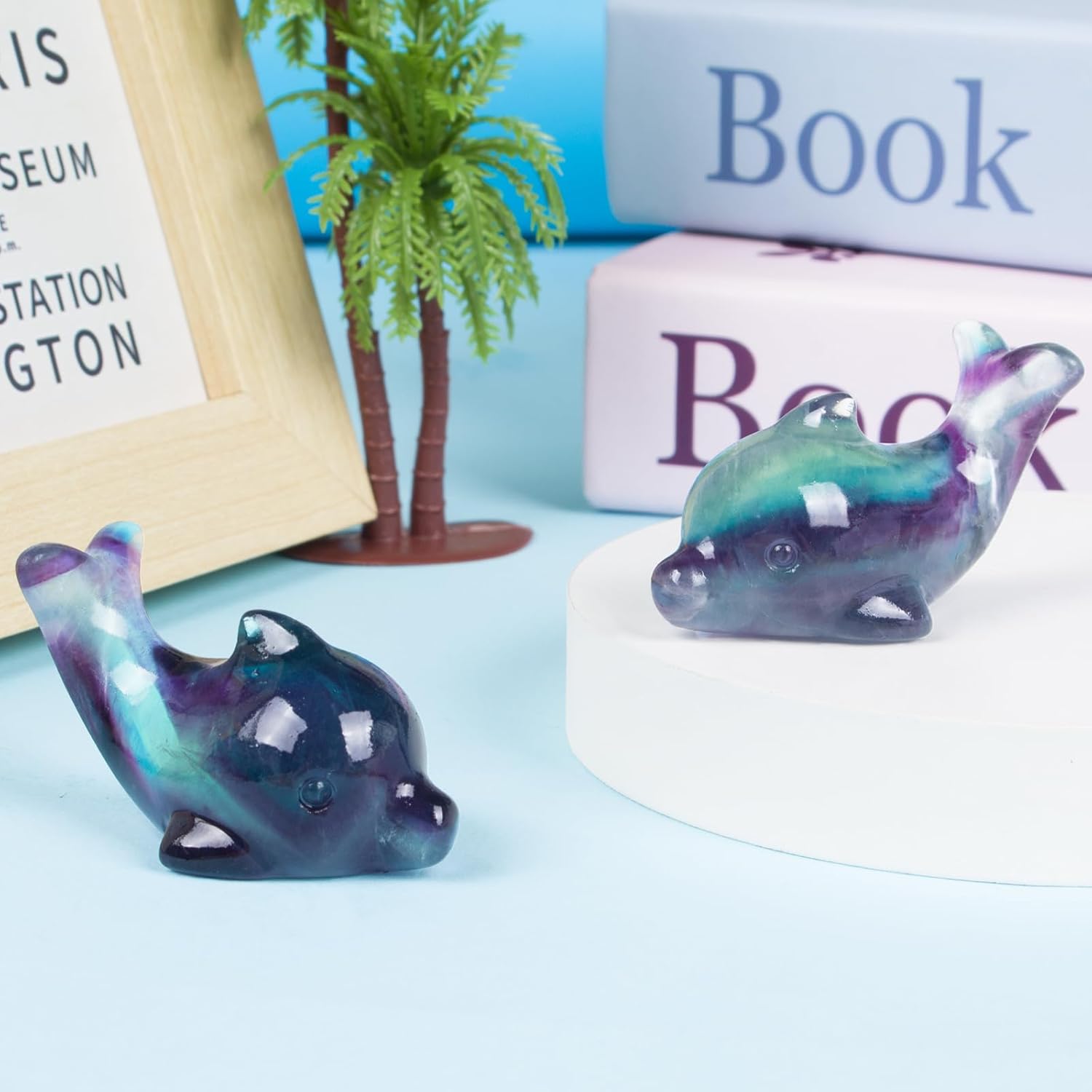 Rainbow Fluorite Crystal Dolphin Carving Hand Carved,1.8 Inch Dolphin Figurine Polished Gemstone Animal Sculpture Healing Stone Meditation Decor Gift Collection - Image 3