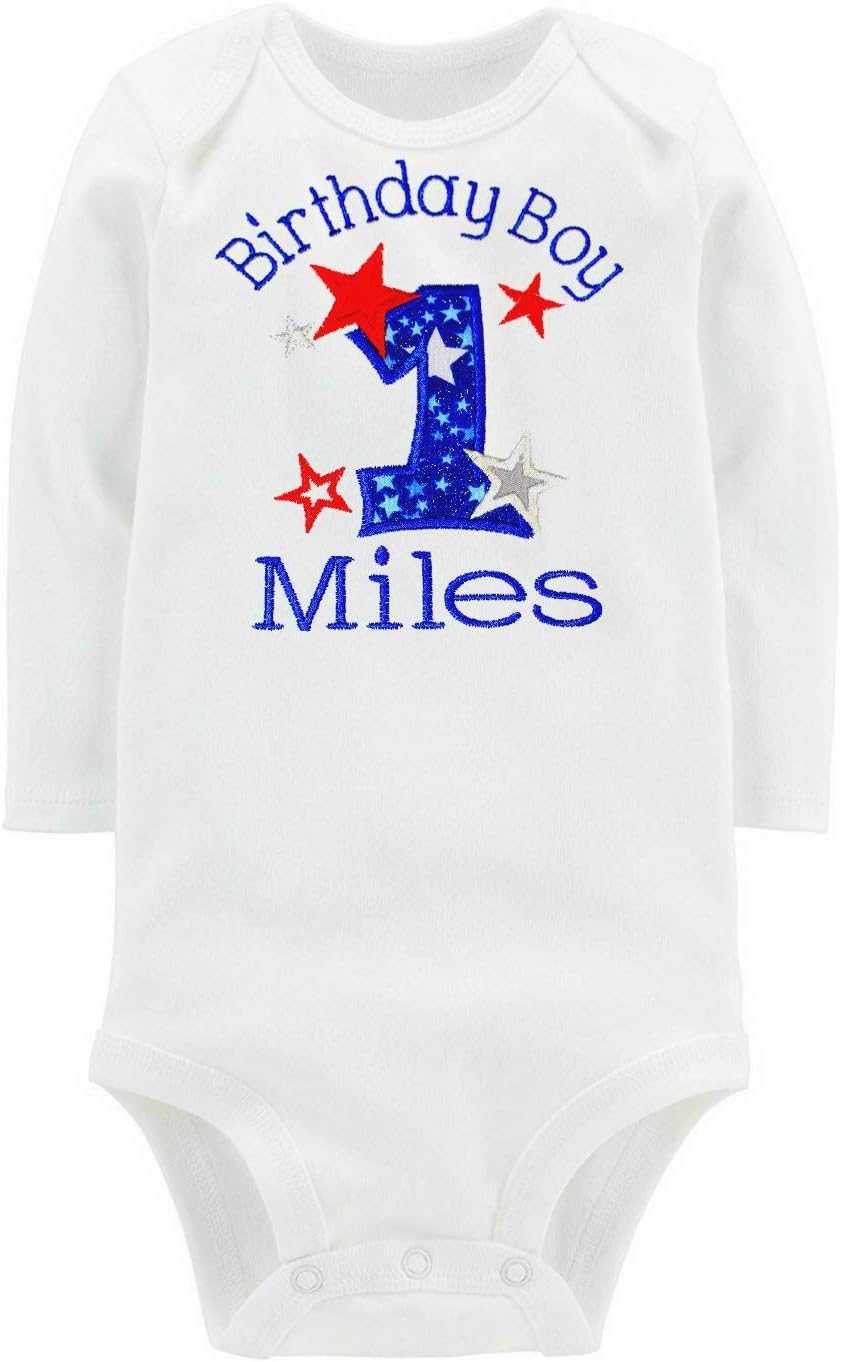 First Birthday Boy Outfit Bodysuit Personalized with Baby Custom Name (12 Months Short Sleeve, Royal Blue)