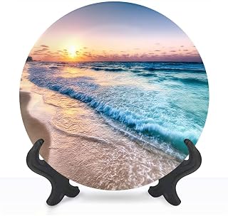 Decorative Ceramic Plates for Display with Stand, 10" Sunrise beach Cancun Dinner Plate for Wall Hanging Tabletop Decor Home Housewarming Gifts