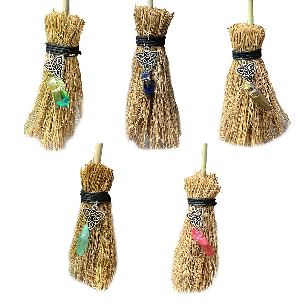 SOFEA Mini Broom Mini Broom Straw Witch Brooms with Hanging Crystal Pendant Decor for Halloween