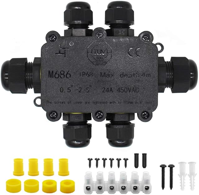 IP68 Waterproof Junction Box, HUYU 6-Way Outdoor Cable Connectors with M20 PG9 Glands Electrical Junction Box for Ø 5-12mm Ø 4-8mm - H6