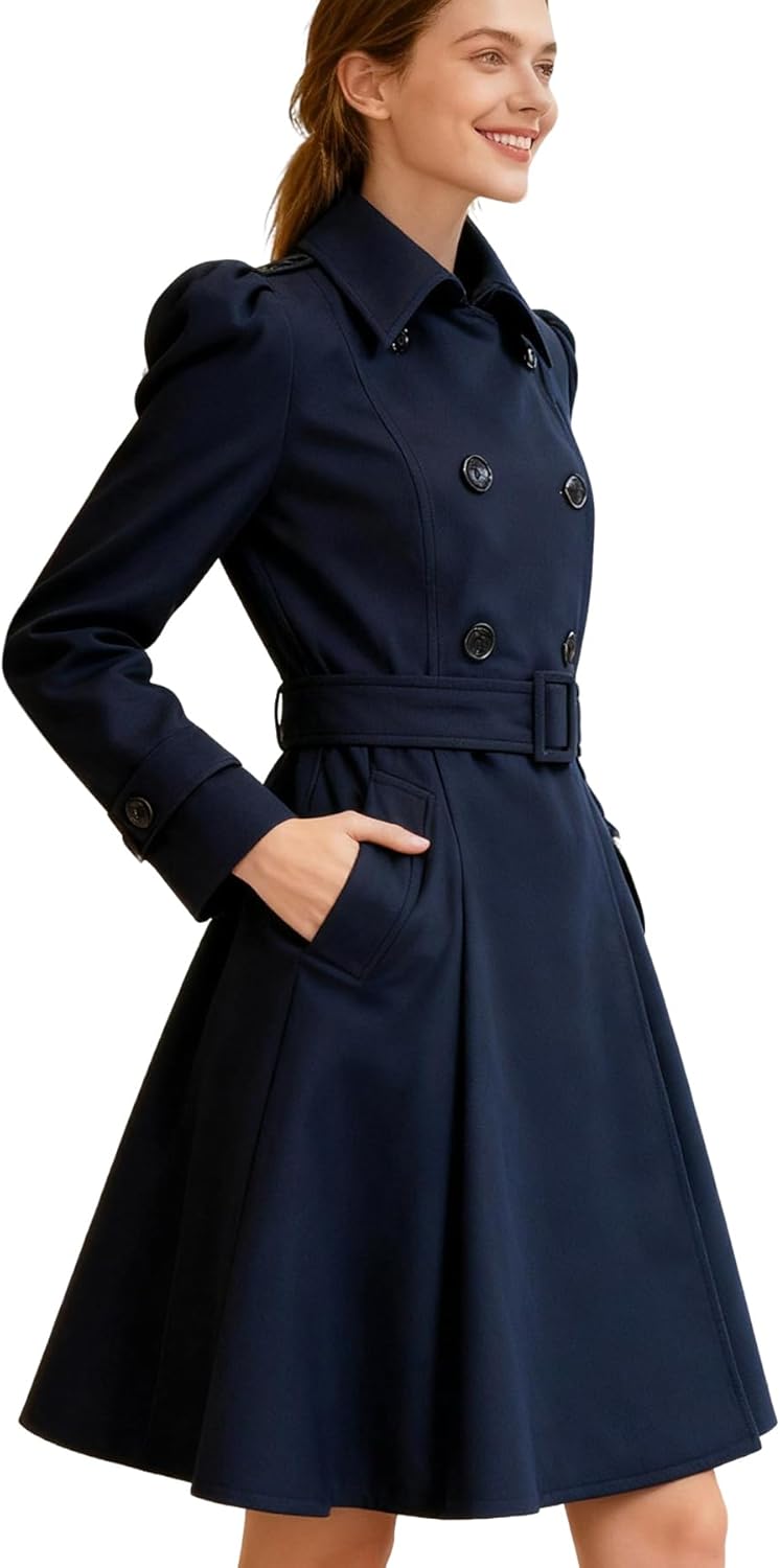 ForeMode Women Swing Double Breasted Wool Pea Coat with Belt Buckle Spring Mid-Long Long Sleeve Lapel Dresses Outwear - Image 2