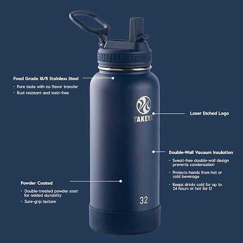 Miniatura 10 de Takeya Actives - Botella de agua aislada de acero inoxidable con tapa de boquilla, 32 onzas, tapa de popote para botella de agua aislada, boca