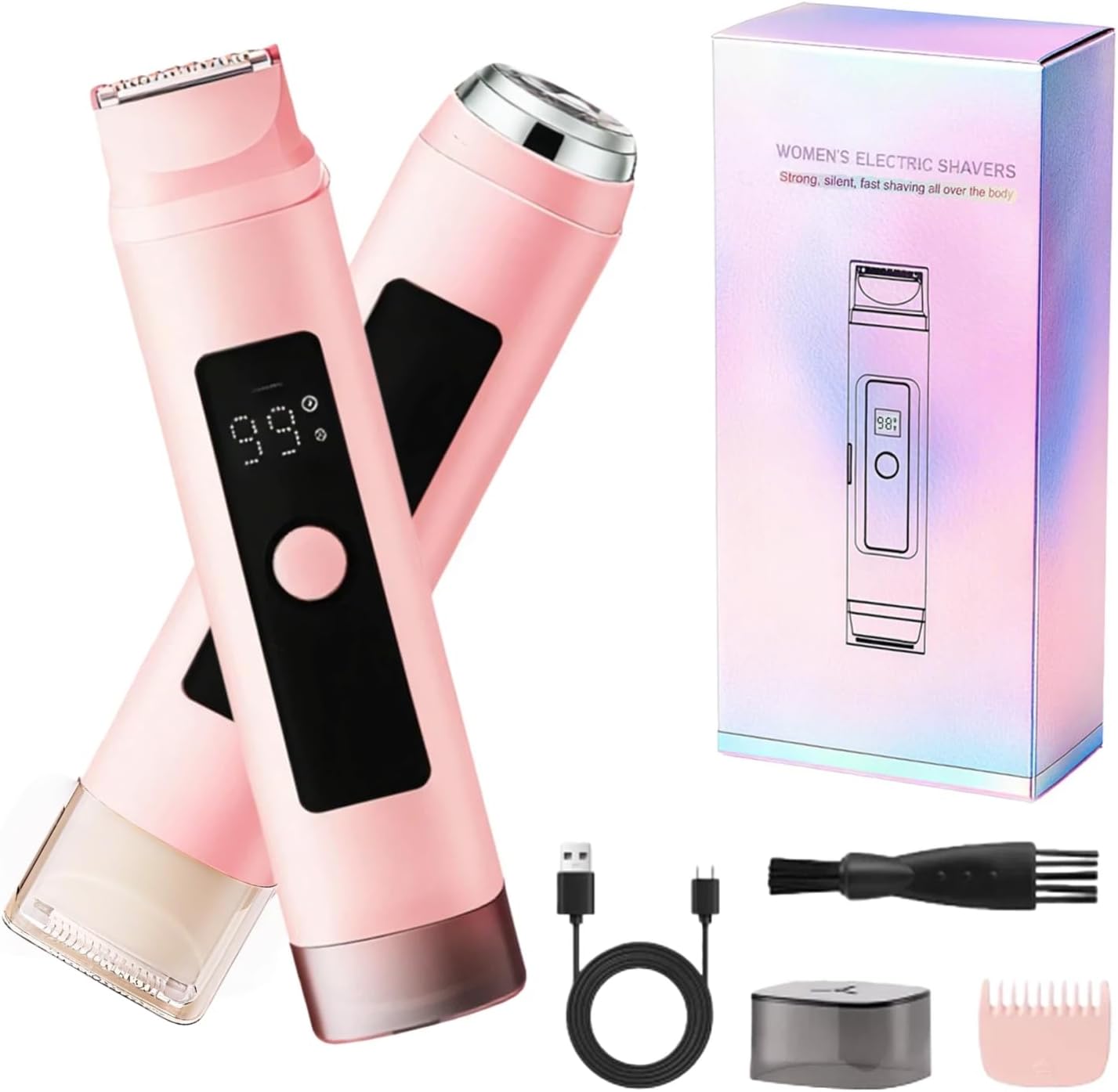 Bikini Trimmer for Women - Dual Head Electric Razor for Body Hair Removal, Cordless Facial Razor, Waterproof Wet & Dry Use Body Shaver, Hair Trimmer for Bikini Underarm Leg Arm Body Face, Pink