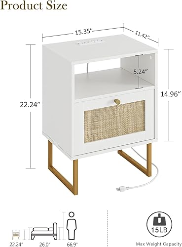 Miniatura 85 de Masupu Mesita de noche de ratán con estación de carga, moderna mesita de noche de madera bohemia con cajón de almacenamiento y estante abierto, mesa