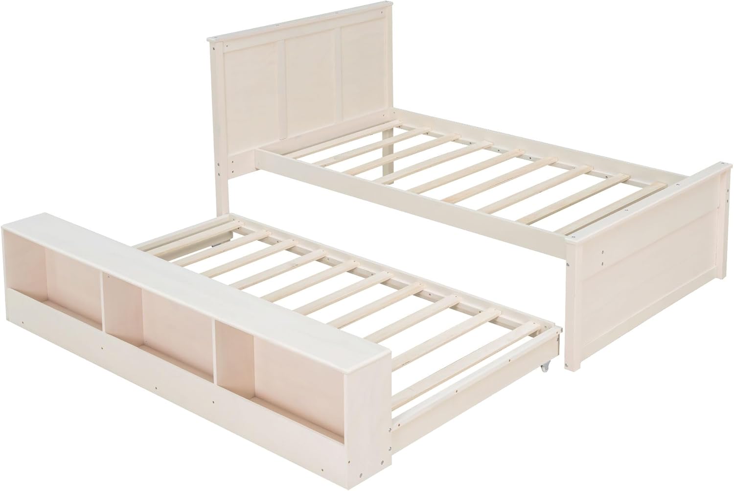 Merax Classic Solid Wood Platform Bed with Trundle Bed and Storage Cabinet, Twin Storage Bed Frame with Headboard for Bedroom, Guest Room, No Box Spring Needed, Space Saving, Cream White