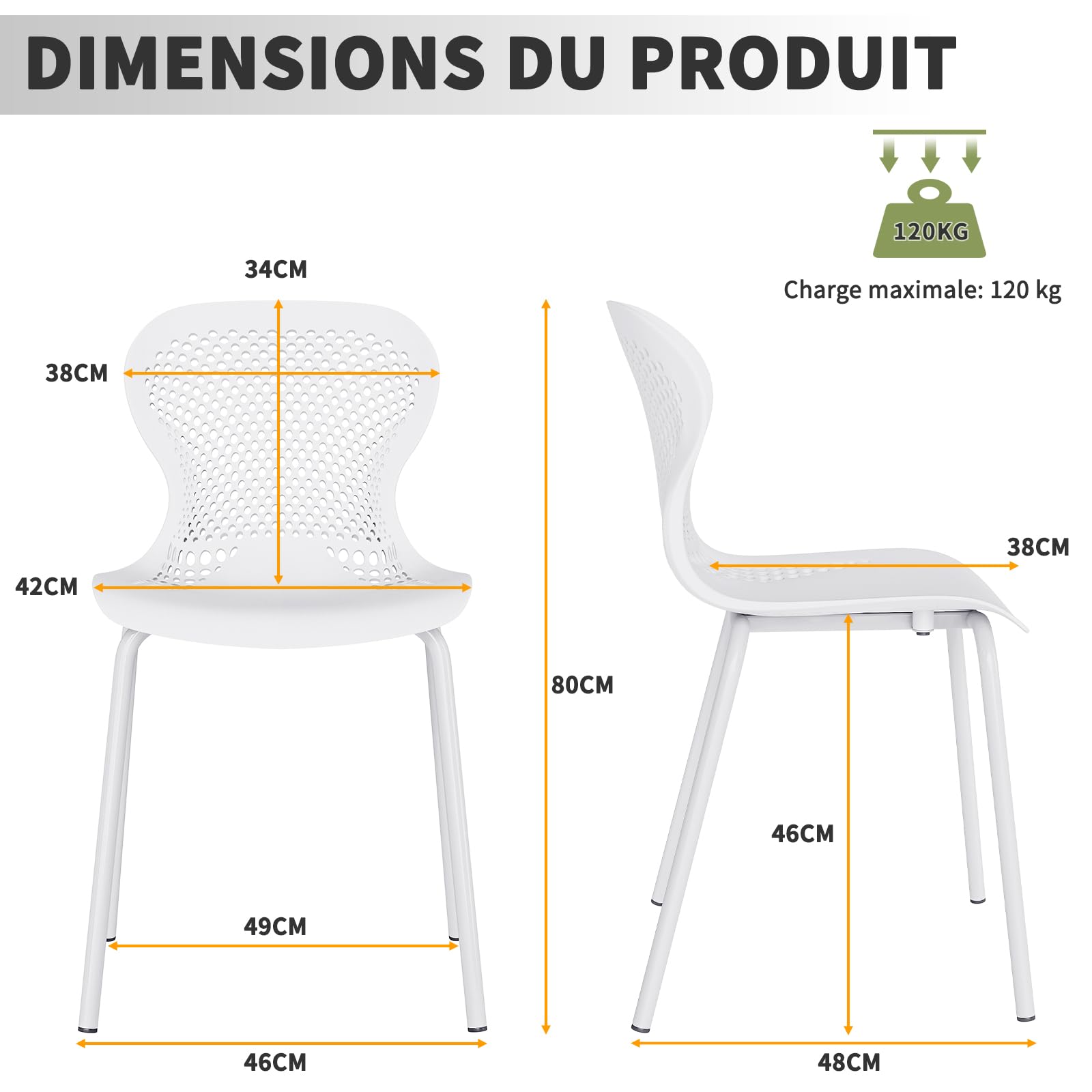 JIJIAN Lot de 6 Chaises de Salle à Manger Empilables, Chaise de Cuisine avec Pieds en Métal, Chaises de Jardin en Plastique, pour Salle à Manger, Salon, Jardin, Balcon et Terrasse, Blanc