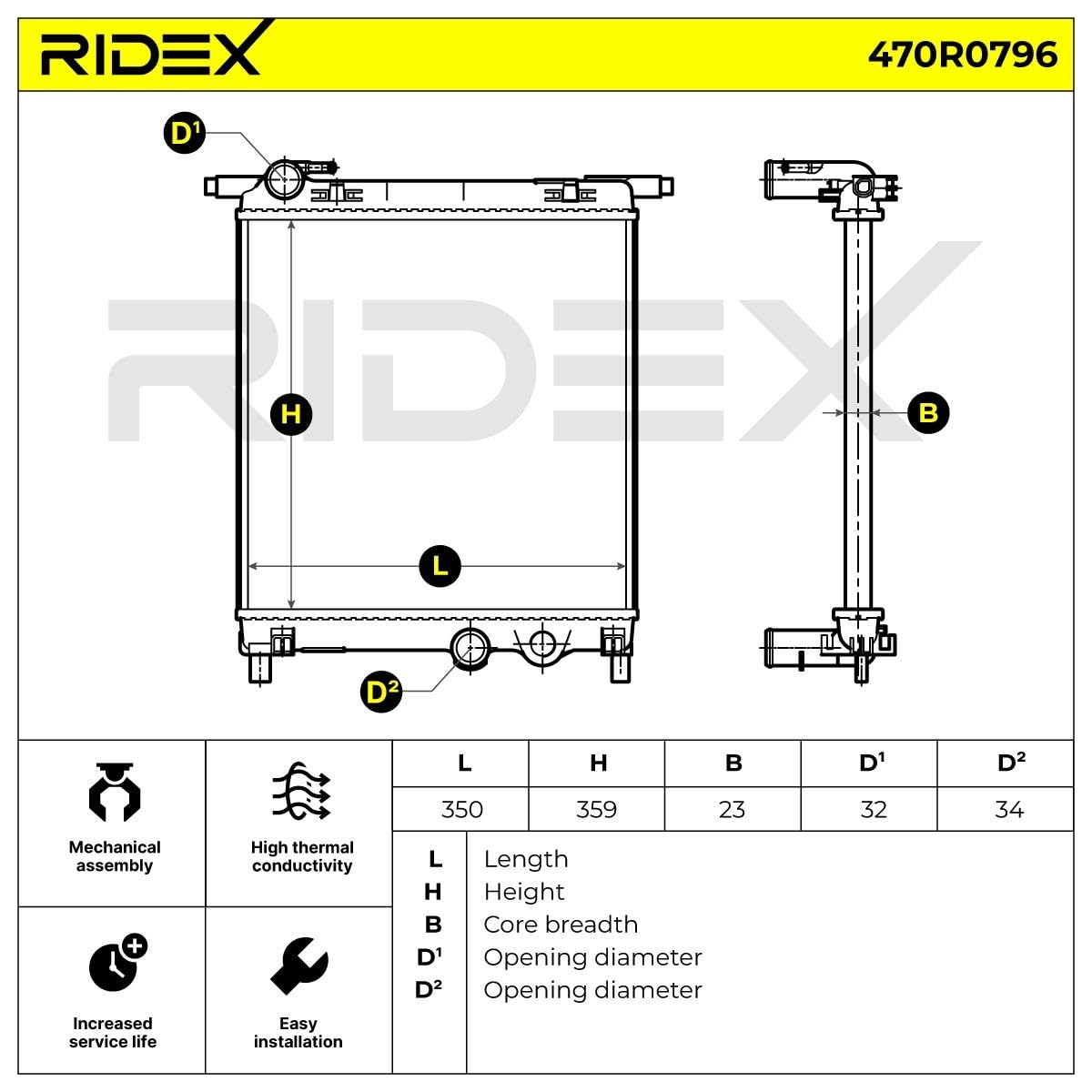 Chłodnica Wody RIDEX 470R0796 Kompatybilny z VW up! Hatchback 121, 122, BL1, BL2 load up! Van 121, 122, BL1, BL2, SKODA E-CITIGO NE1 Citigo Hatchback, SEAT Mii KF1