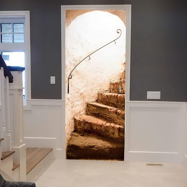 A.Monamour 3D Door Stickers for Interior Doors Ancient Castle Arch And Stair Steps Vinyl Waterproof Self Adhesive Door Mural Decals for Bedroom Office Bathroom 77 x 200 cm
