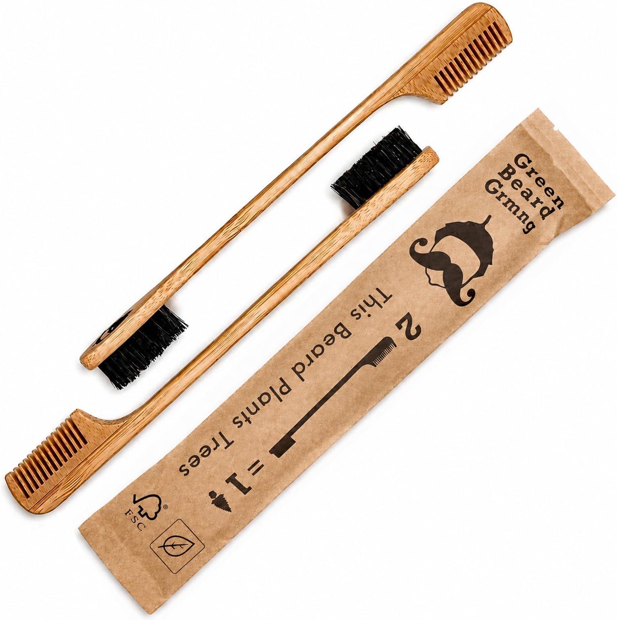 2-in-1 Sapling Mustache Brush & Comb (2-pack) from Green Beard Grmng - Boar Bristle & Bamboo