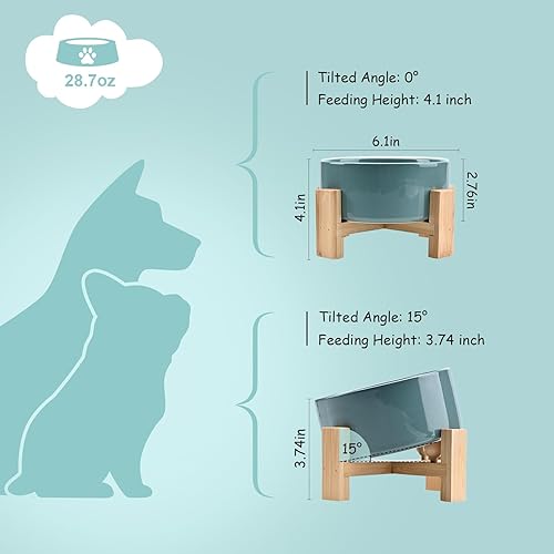 Miniatura 4 de SPUNKYJUNKY Cuenco de cerámica inclinado en 15 para perros y gatos con soporte de madera, cuenco inclinado para comida y agua para bulldog,