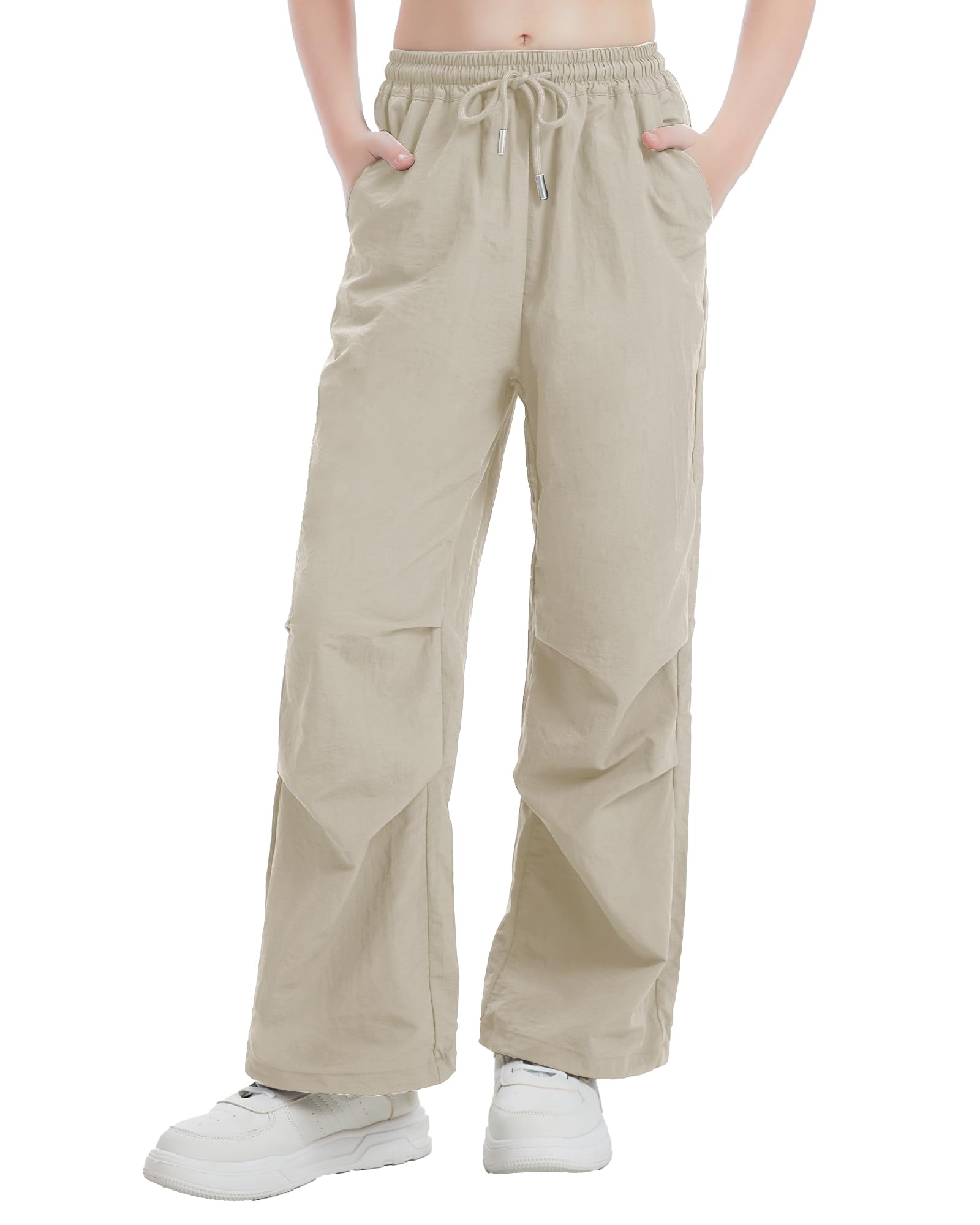 Girls Parachute Cargo Pants Drawstring Waterproof Causal Hiking Pants for Girls Pockets Lightweight Running Joggers