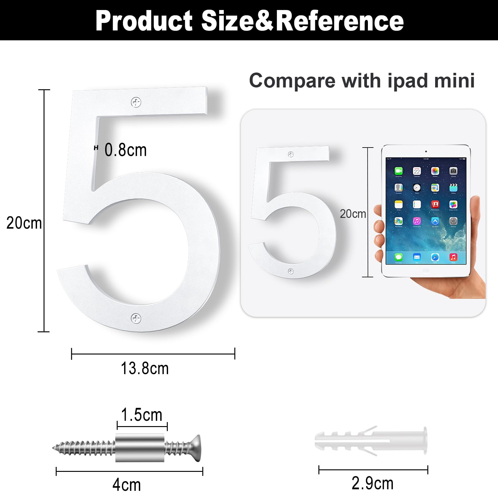 Número de casa exterior 20 cm blanco, Número grande para pared o valla con diseño moderno y efecto flotante 3D, plástico ABS resistente al clima (5)