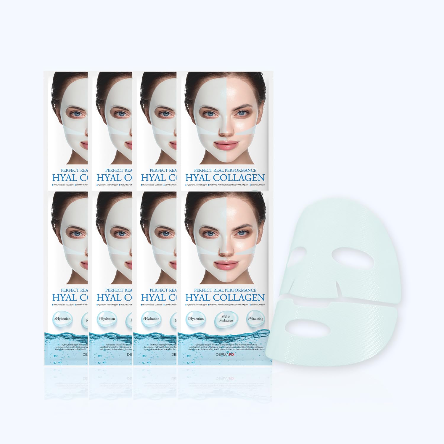DERMAFIX HYALCOLLAGEN Hydrolyzed Collagen Face Masks, Moisturizing and Vitalizing, 23g each, Value Pack of 8