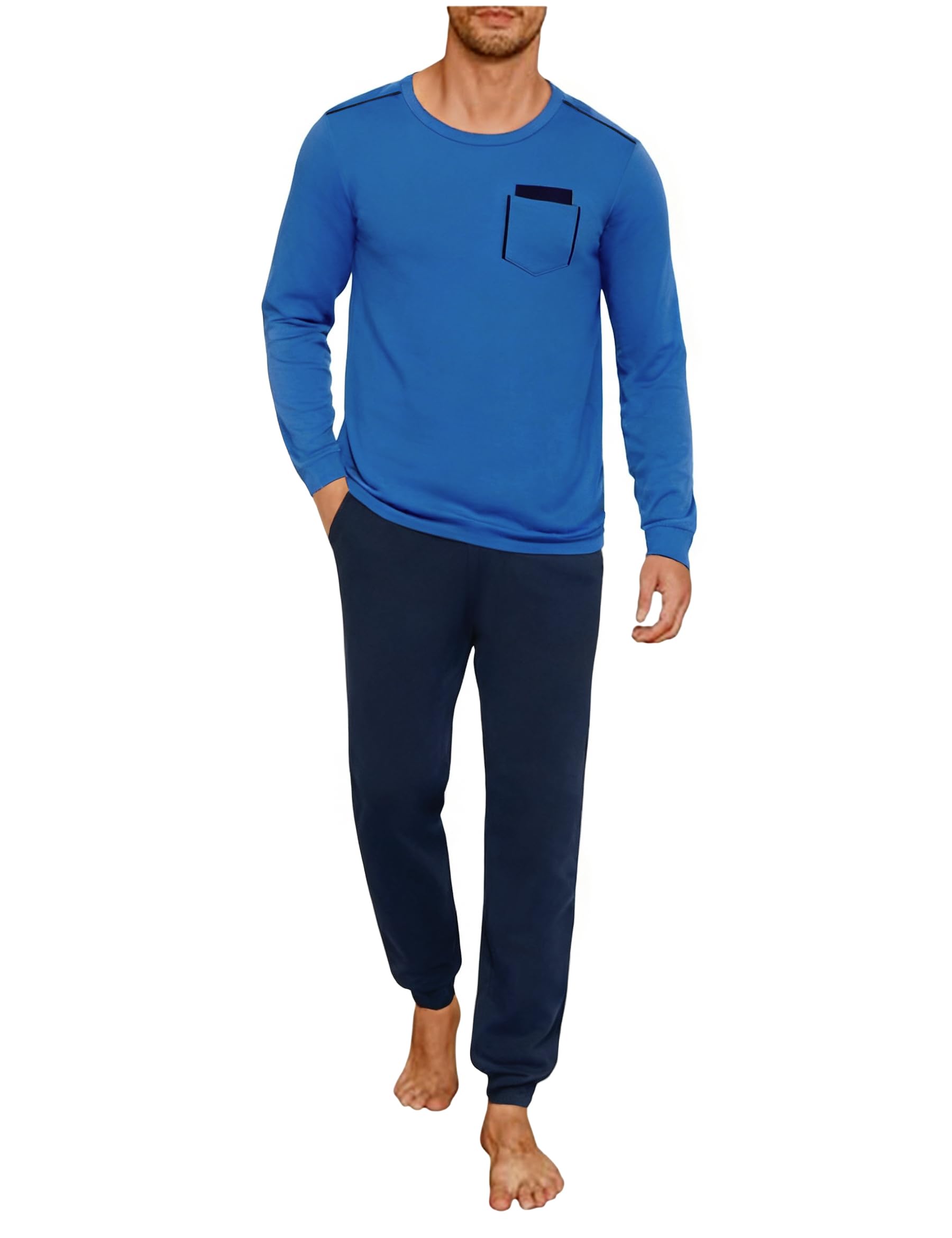 Uniexcosm Schlafanzug Herren Lang Pyjama Set Zweiteiler Herbst Winter Nachtwäsche aus Baumwolle Rundhals Langarm Oberteil und Pyjamahose Schlafanzüge für Männer