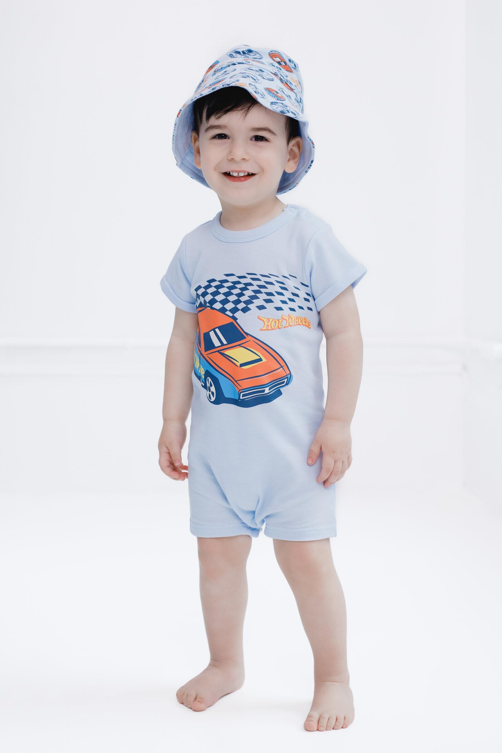 Hot Wheels Strampler und Eimer Sonnenhut Outfit Set Neugeborene bis Kleinkind Größen (Neugeborene - 4T)