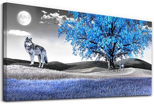 Miniatura 15 de Lienzo decorativo para pared de sala de estar, baño, decoración de pared, paisaje en blanco y negro, árbol azul, luna, pintura para colgar, Árboles