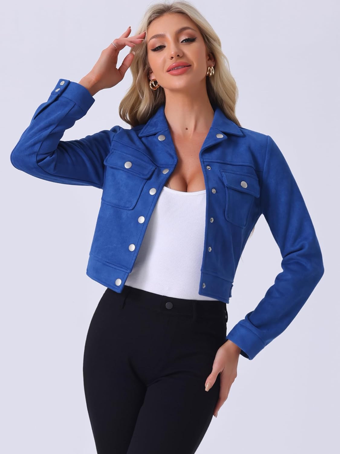 Allegra K Women's Faux Suede Jacket Button Down Collar Pockets Crop Moto Biker Coat - Image 2