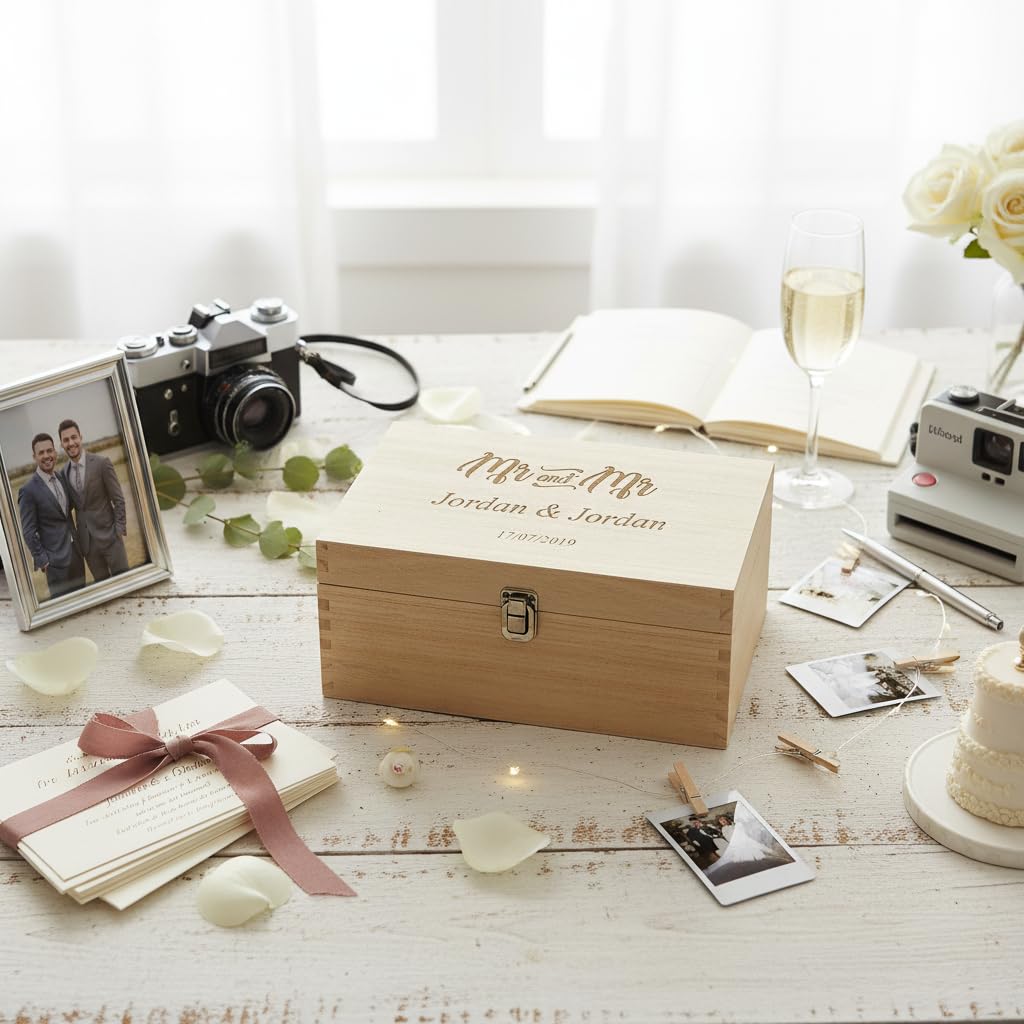 Raised Words Personalised Mr & Mr Wedding Gift Same Sex Wooden Memories Keepsake Box