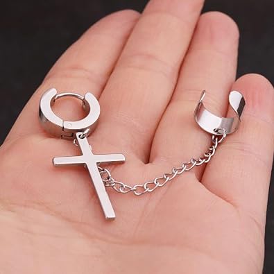 Ear Cuff Clip With Dangle Drop Cross Chain Earrings For Men Women Black Silver Stainless Steel Punk Cool Gothic Rock Fashion Cross Chain Earrings With Cuff Clip On Jewelry