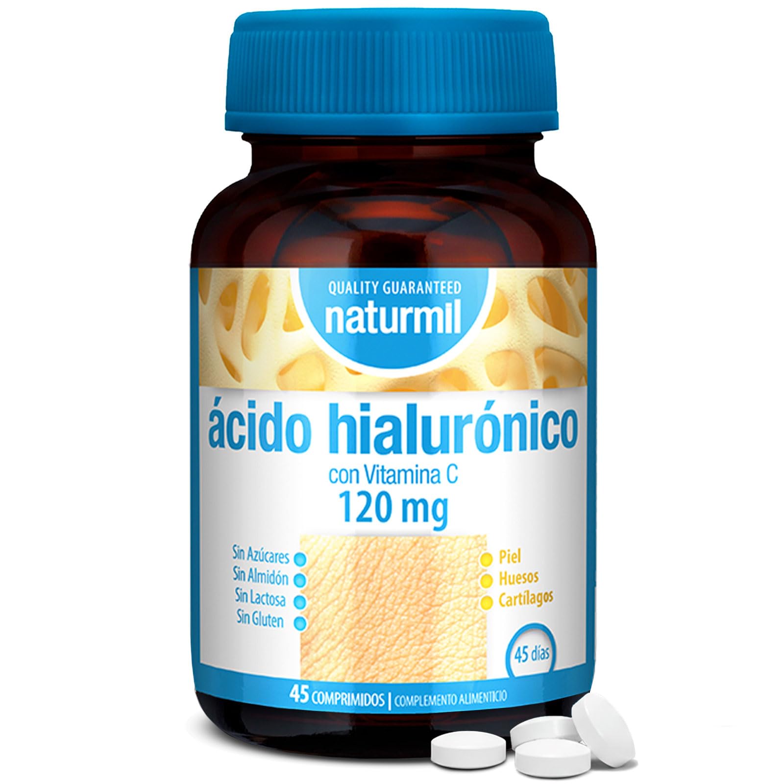 Ácido Hialurónico 120 mg con Vitamina C - Hidratación y Elasticidad de la Piel - Apoyo a Cartílagos y Huesos - 45 Comprimidos 1 al día - DietMed - Naturmil