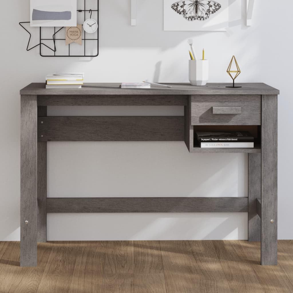 Table à manger et bureau en pin massif gris clair avec tiroir
