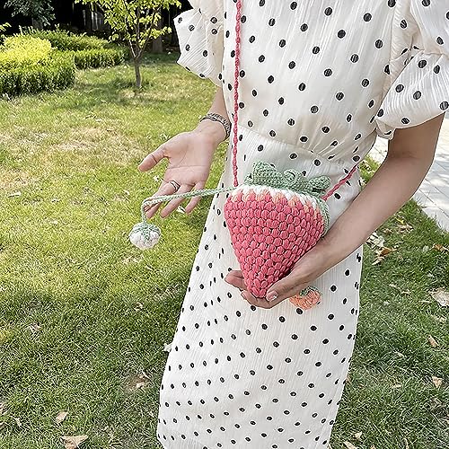 Handmade Knitted Purse Wool Woven Purse Strawberry Shaped Shoulder Bag for Women Crossbody Bag with Drawstring2
