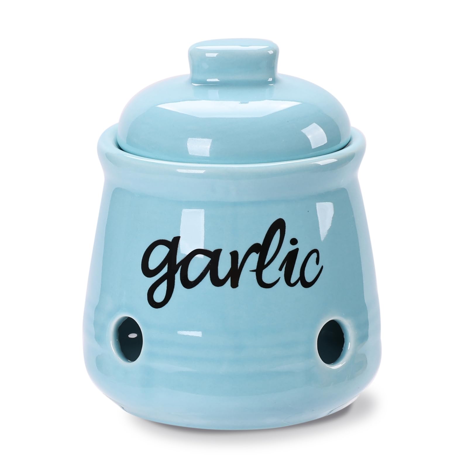 HAOTOP Garlic Keeper with Lid, Ceramic Mini Garlic Saver Container for Countertop, Farmhouse Kitchen Decor (Turquoise)