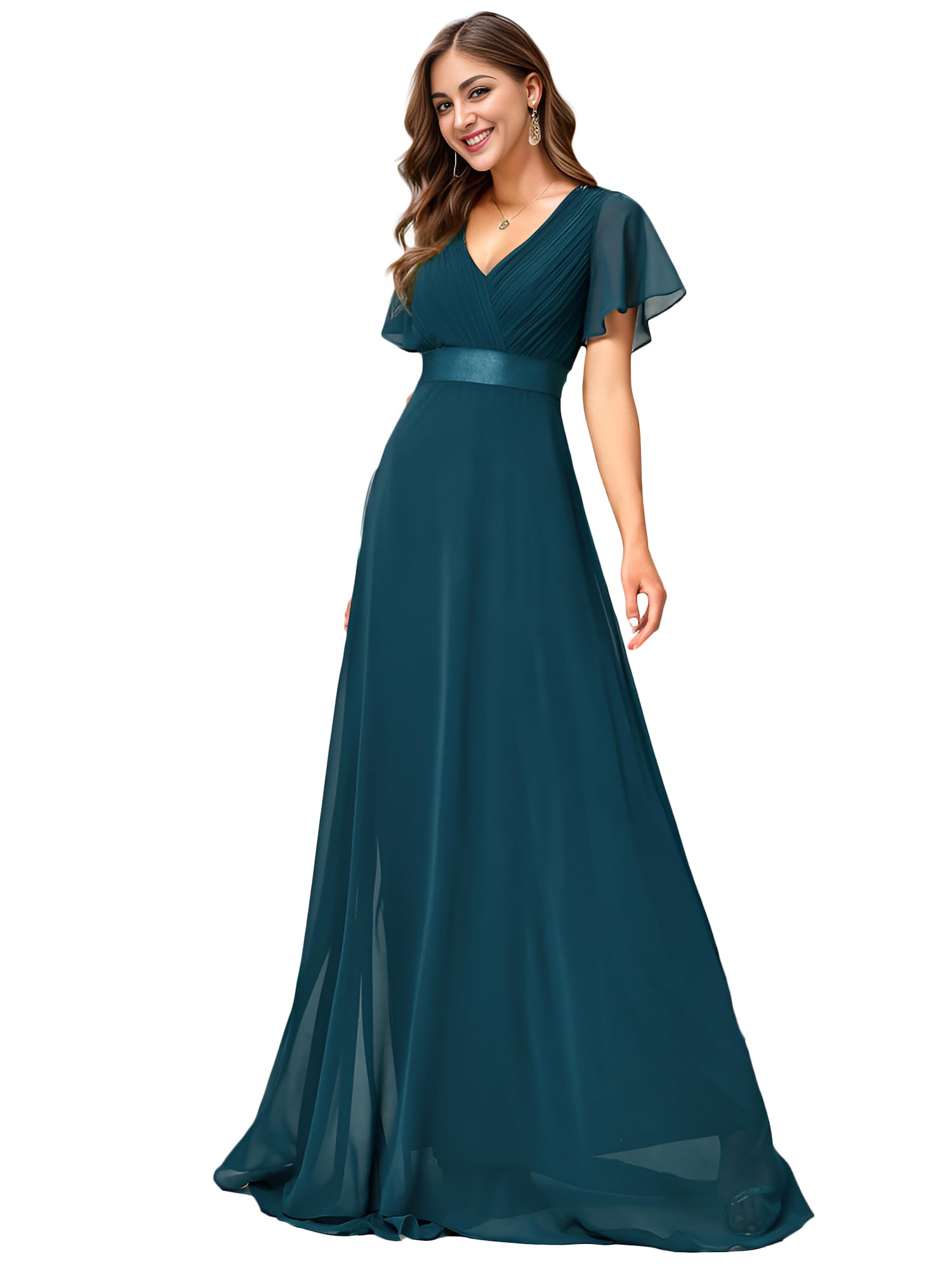 Ever-Pretty Damen Abendkleid Frau A-Linie Chiffon Brautjungfernkleid V Ausschnitt Hochzeit Blaugrün 42