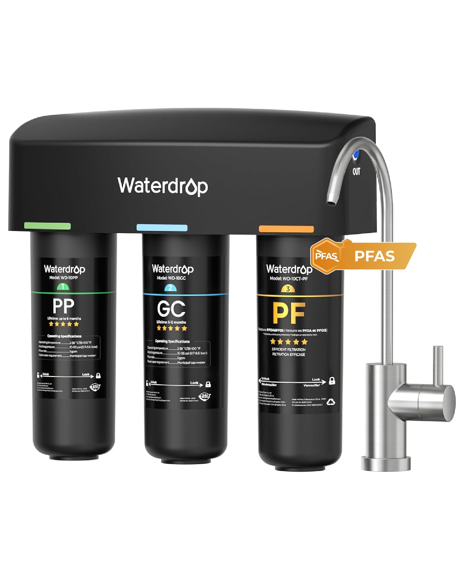 Waterdrop TSB-10-PF Under Sink Water Filter -PFAS Chlorine Chloramine Fluoride Taste Odor 9 Layer Under Sink Water Filtration