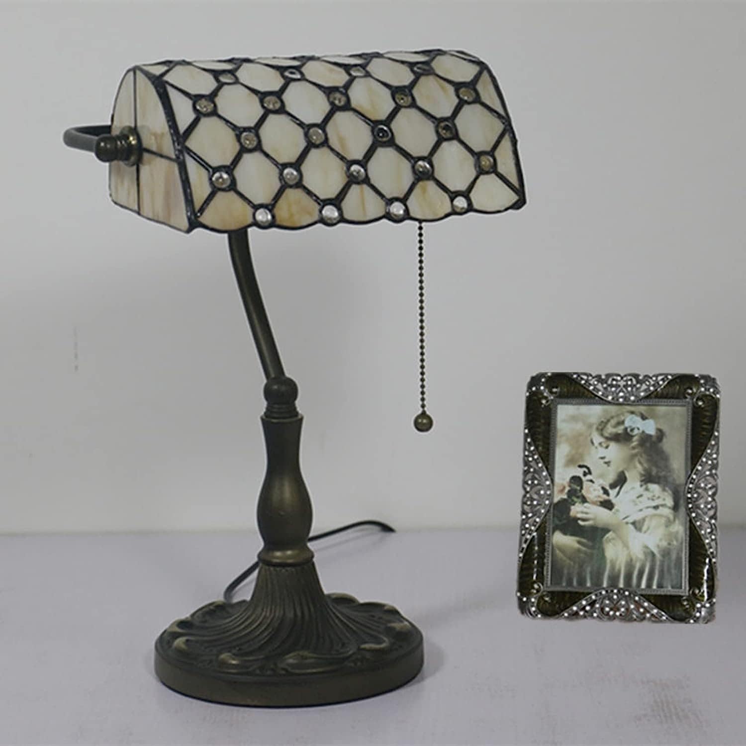 Bankiers Tischlampe, farbige Glaslampe, Kristallperlenschreibtischlampe, Schlafzimmer in der Nacht Leselampe (beige gelbe Glasperlenschatten) Innovate