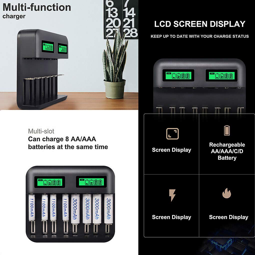 Leeadwaey Chargeur de batterie 8 emplacements alimenté par USB AA/AAA/C/D avec écran LCD Noir