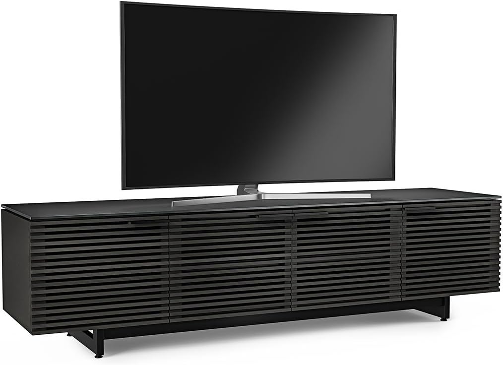 BDI Furniture Corridor 8173-79.25'' TV Stand for TVs up to 85" with Soundbar Shelf, Adjustable Shelves, Cable Management, Ventilation, Tempered Glass Top, Charcoal Stained Ash