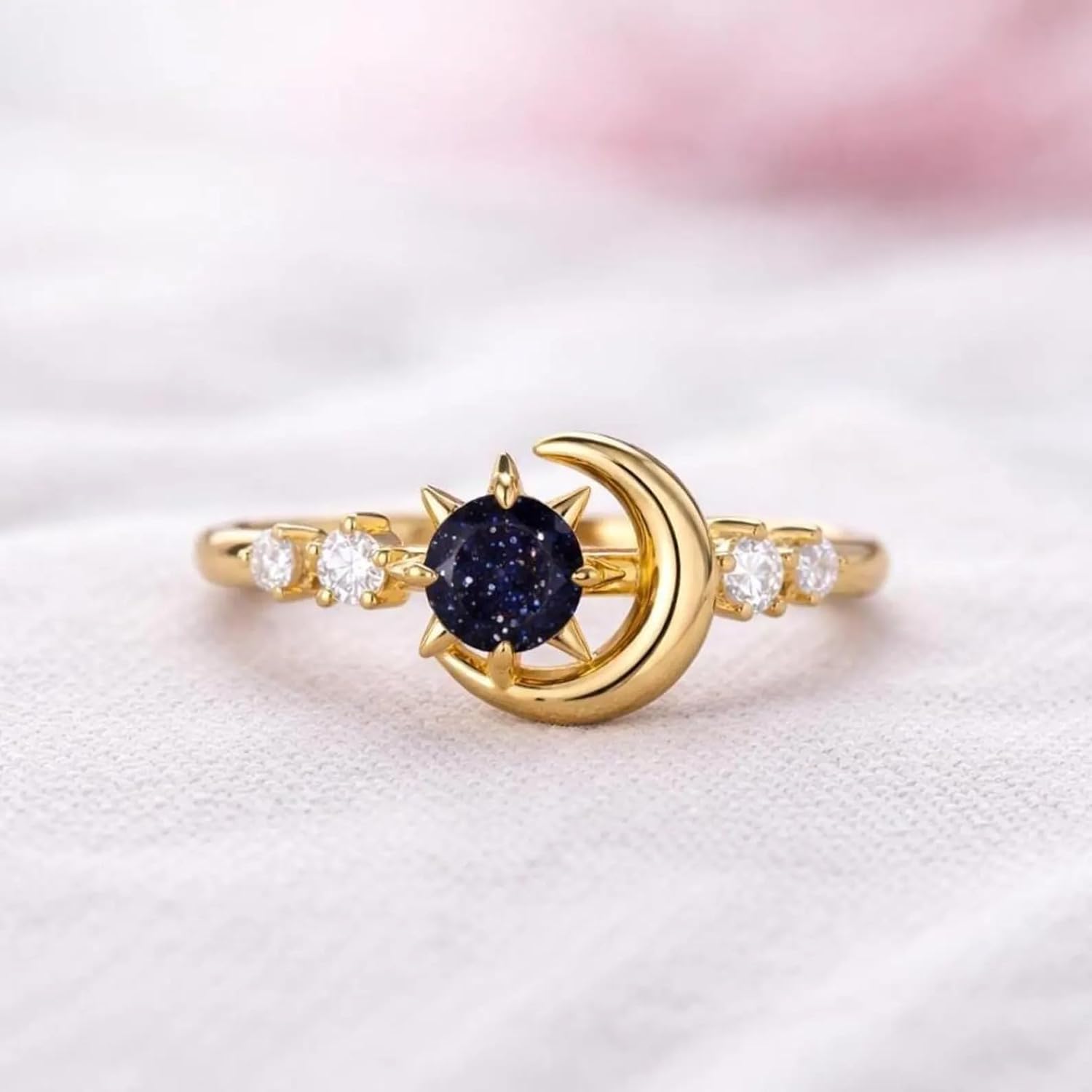 Celestial Moon & Star Engagement Ring for Women Gold Tone Crescent Moon with Deep Blue Center Stone and Side Accent Stones Minimalist Cosmic Jewelry Gift for Her