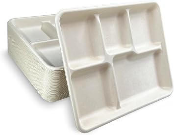 Updated Heavy Duty Disposable & Compostable Fiber 5 Compartment Tray - 500/Case