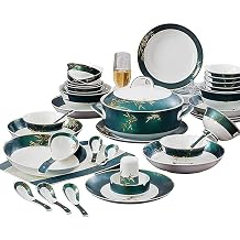 Stylish Dishes Set for Luxury Restaurant and Home, 58-Piece Dinnerware Sets, Porcelain Plate and Bowl Set, High-end Bone China European Gift Dishware Sets, Golden Bamboo Pattern Decor Kitchenware