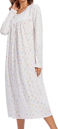 FMIRREO Long Cotton Nightgown Womens Long Sleeve Sleepwear Pleated Floral House Dress Soft Comfy Night Dress for Ladies